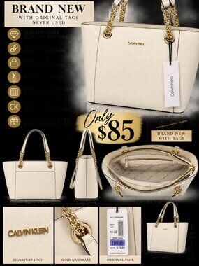 Brand New Calvin Klein Ivory Tote Purse – Gold Chain Handles